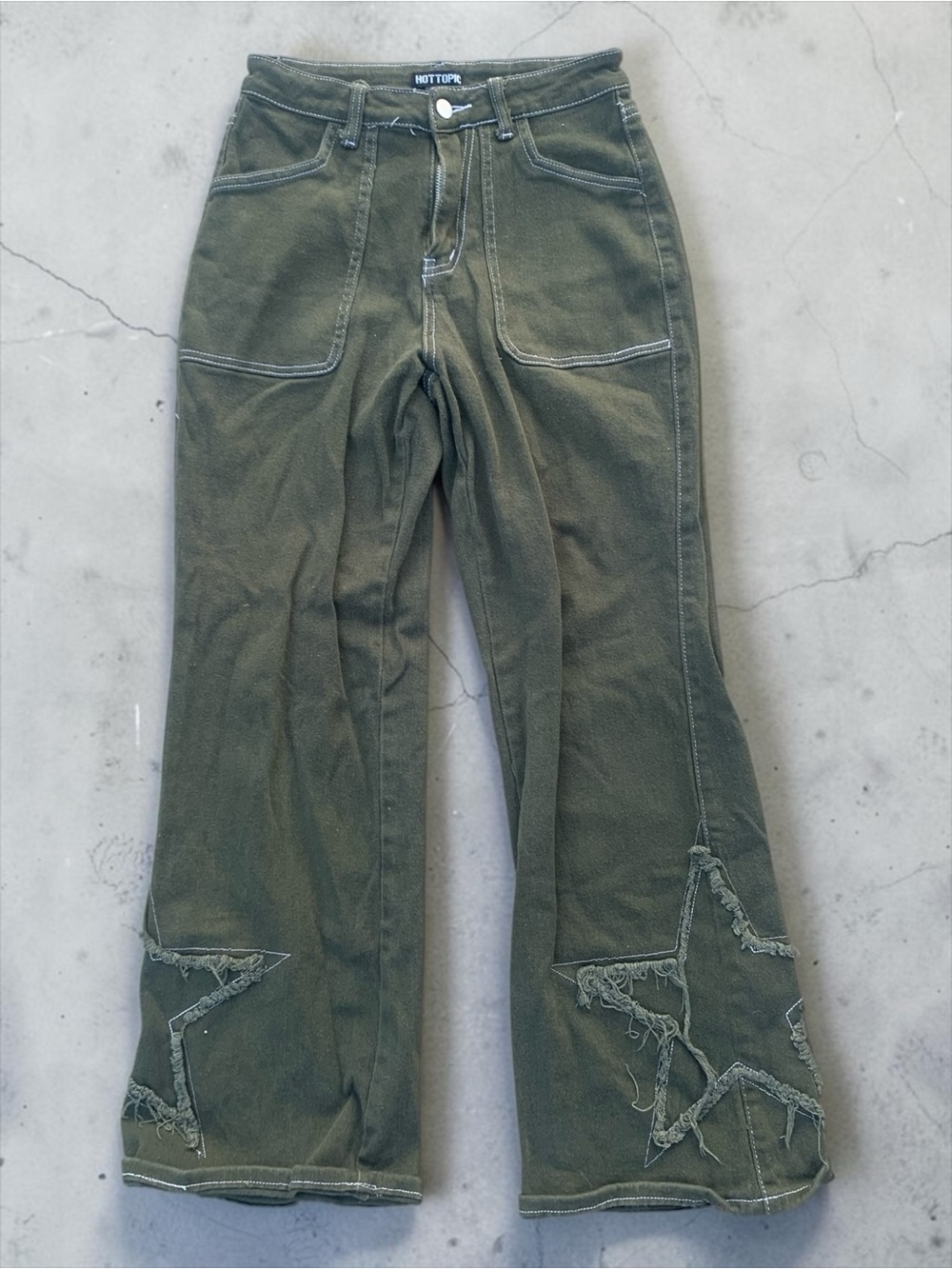 Hot Topic Olive Green Star Patch Utility Wide Leg Pants Size 3